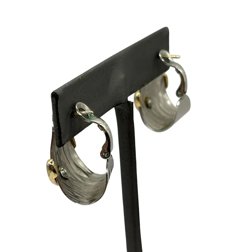 Vintage Napier Earrings Silver‎ & Gold Tone Huggie Hoop Hammered Design Layered